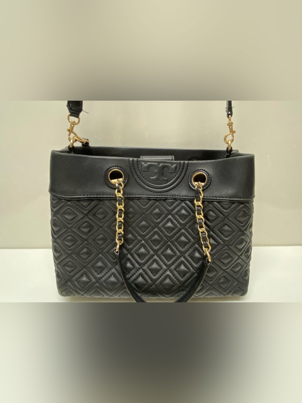Tory Burch Fleming Small Convertible Tote Quilted Black Leather Gold Chain